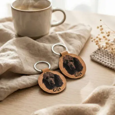 Lasergegraveerde kunstleren hondensleutelhanger – gepersonaliseerd met foto van jouw hond.