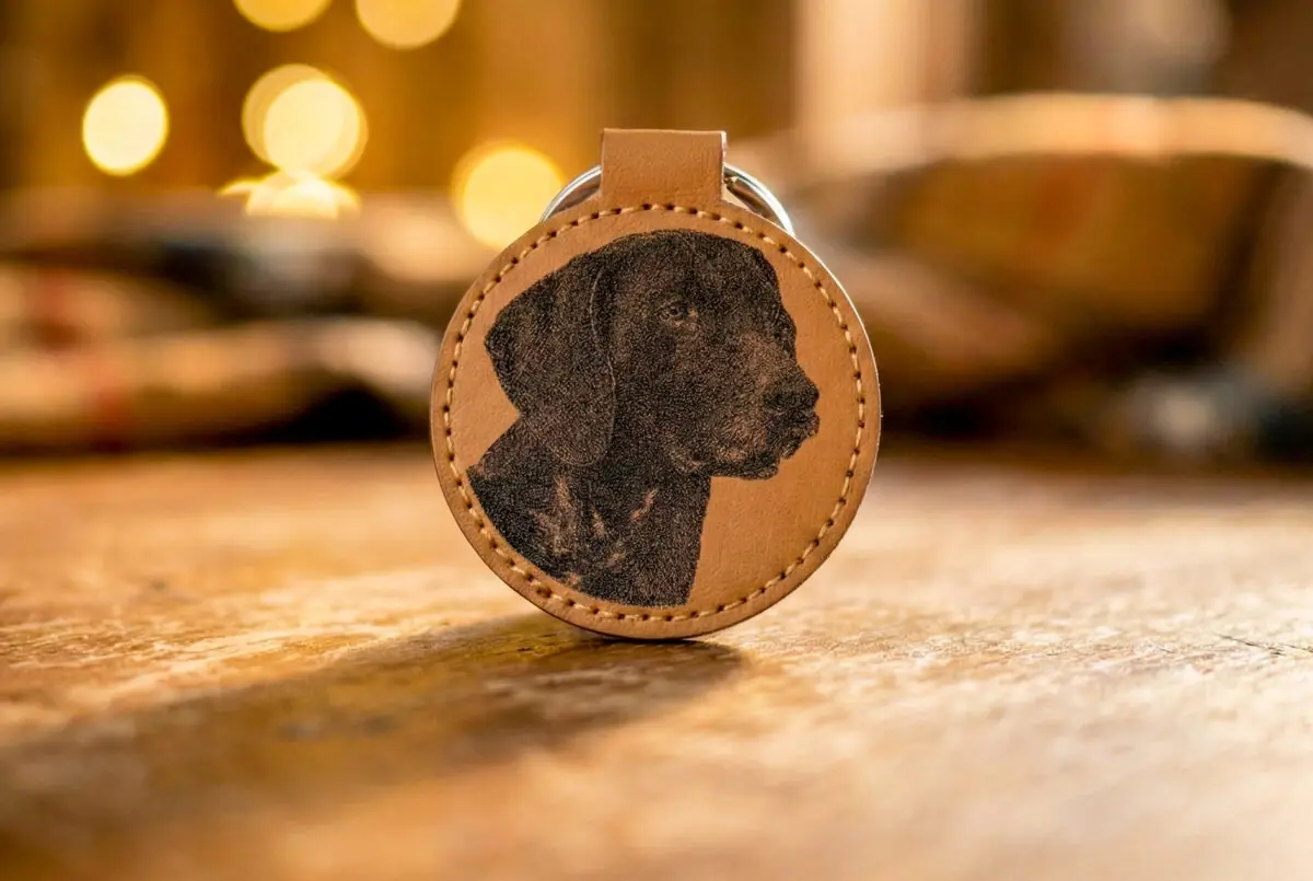 Lasergegraveerde kunstleren hondensleutelhanger – gepersonaliseerd met foto van jouw hond.