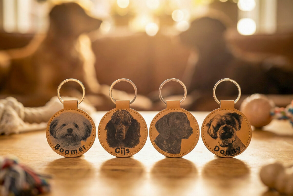 Gepersonaliseerde Honden Sleutelhanger – Lasergravure op Kunstleer Lasergegraveerde kunstleren hondensleutelhanger – gepersonaliseerd met foto van jouw hond.
