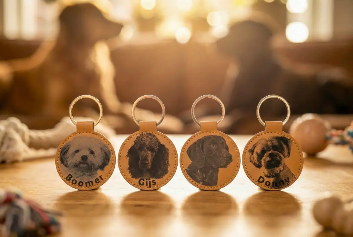 Lasergegraveerde kunstleren hondensleutelhanger – gepersonaliseerd met foto van jouw hond.