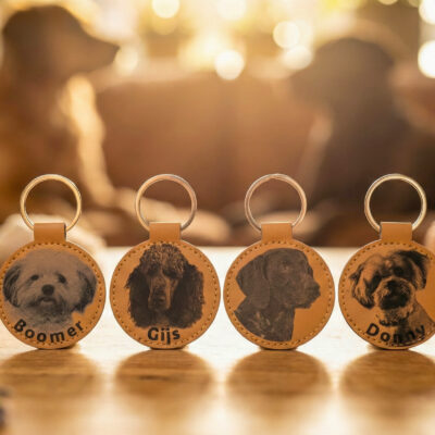 Gepersonaliseerde Honden Sleutelhanger – Lasergravure op Kunstleer Lasergegraveerde kunstleren hondensleutelhanger – gepersonaliseerd met foto van jouw hond.