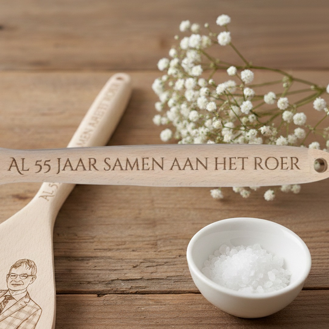 Houten opschep- en roerlepel met eigen tekst of naam. Ambachtelijk gegraveerd. Uniek cadeau voor mama, papa of oma.