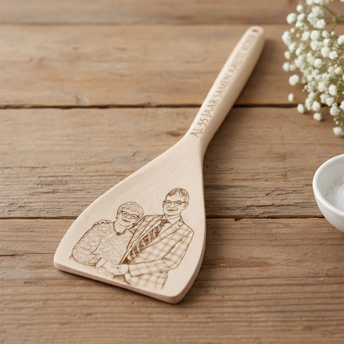 Houten opschep- en roerlepel met eigen tekst en foto. Ambachtelijk gegraveerd. Uniek cadeau voor mama, papa of oma.