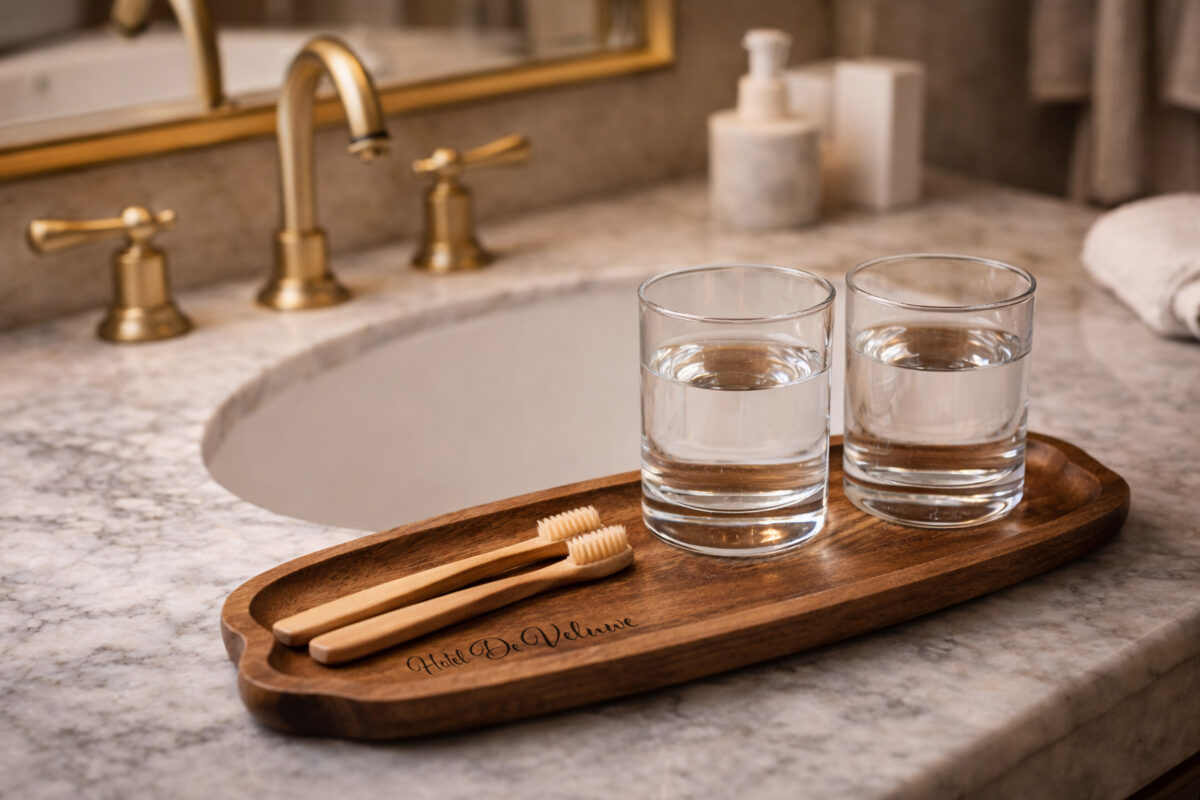 Houten schaaltje met gegraveerde B&B-naam op luxe wastafel in hotel- of B&B-badkamer