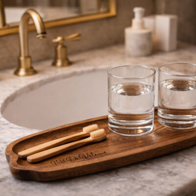 Houten schaaltje met gegraveerde B&B-naam op luxe wastafel in hotel- of B&B-badkamer