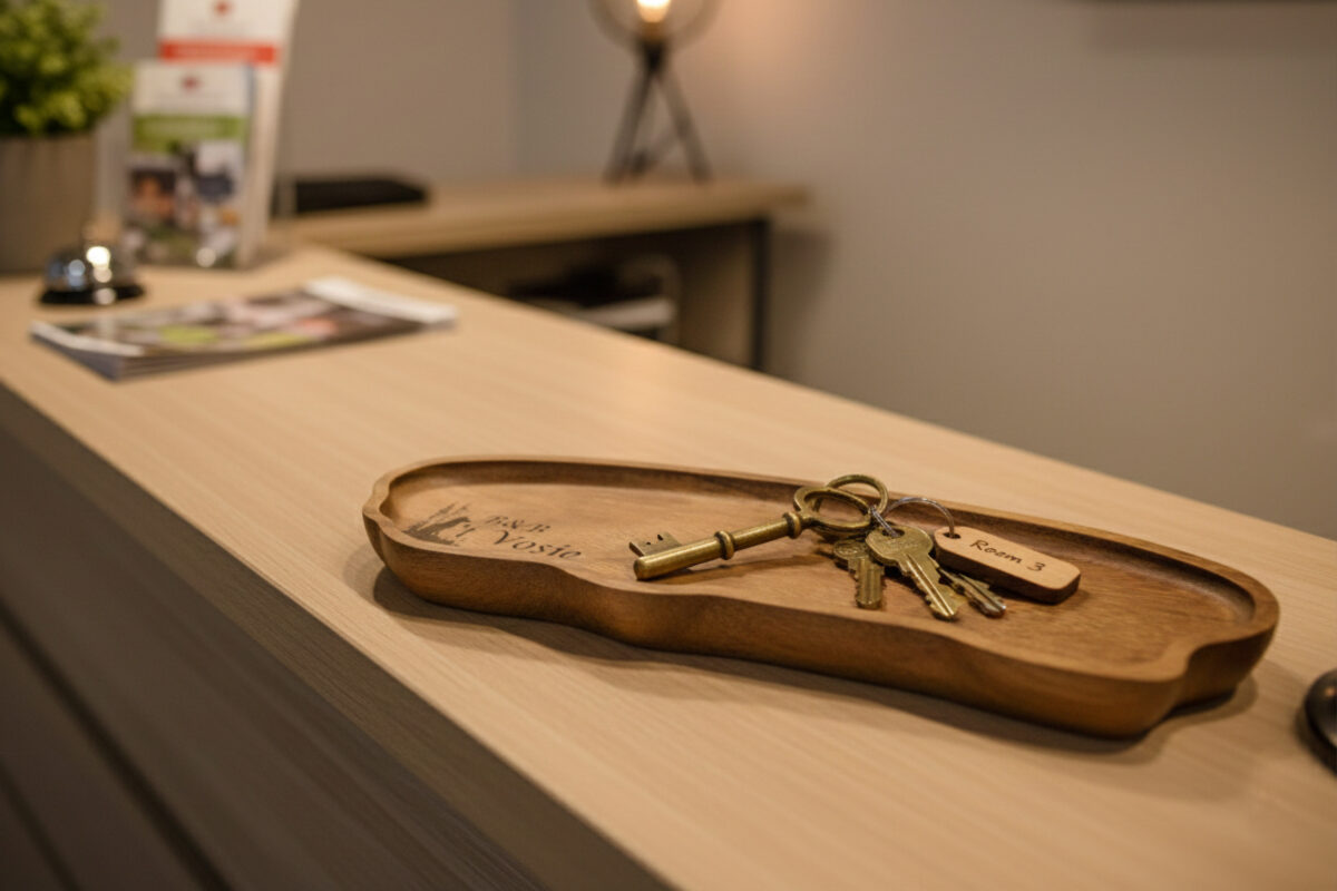 Houten schaaltje met gegraveerde B&B-naam op luxe wastafel in hotel- of B&B-badkamer