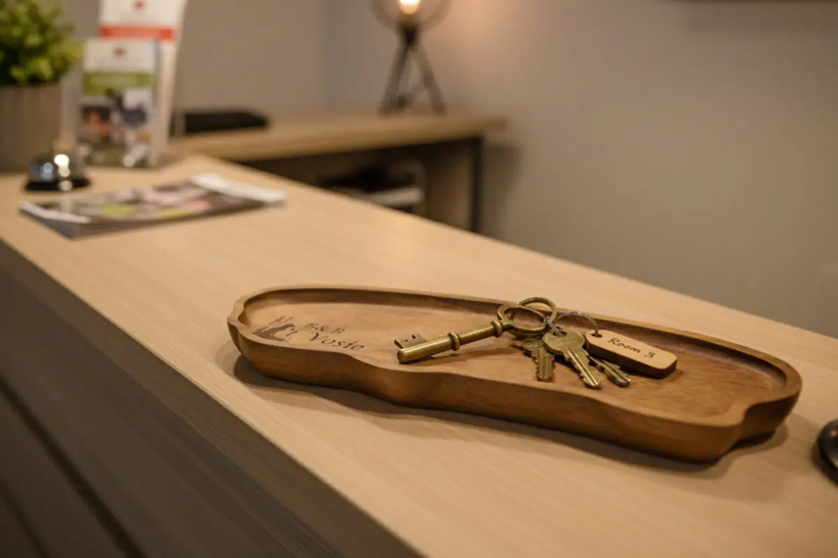 Houten schaaltje met gegraveerde B&B-naam op luxe wastafel in hotel- of B&B-badkamer