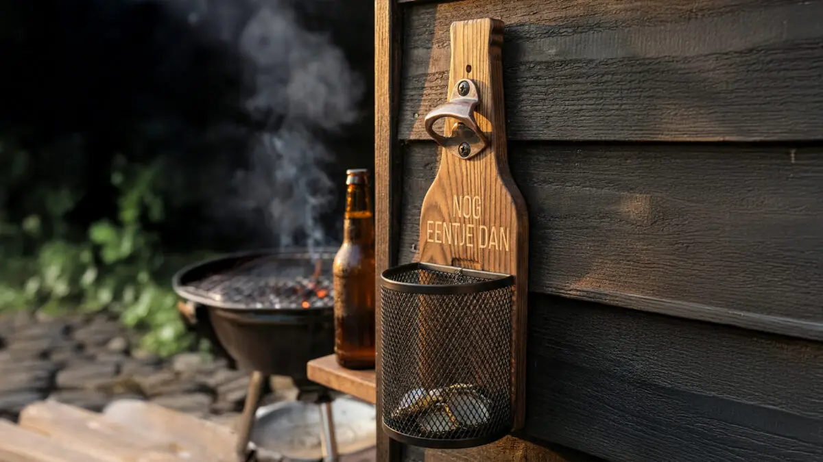 Houten Wandbieropener met Dopjesmandje Afneembaar metalen dopjesmandje gevuld met bierdopjes bij houten wandbieropener