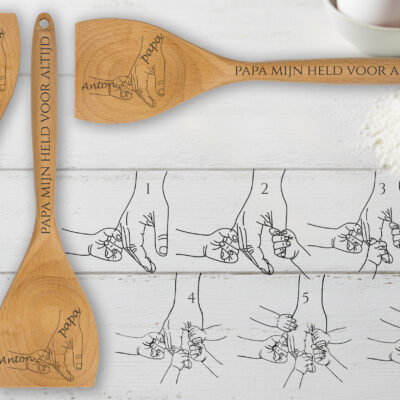 Houten opschep- en roerlepel met de namen van de kinderen voor papa