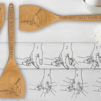 Houten opschep- en roerlepel met de namen van de kinderen voor papa