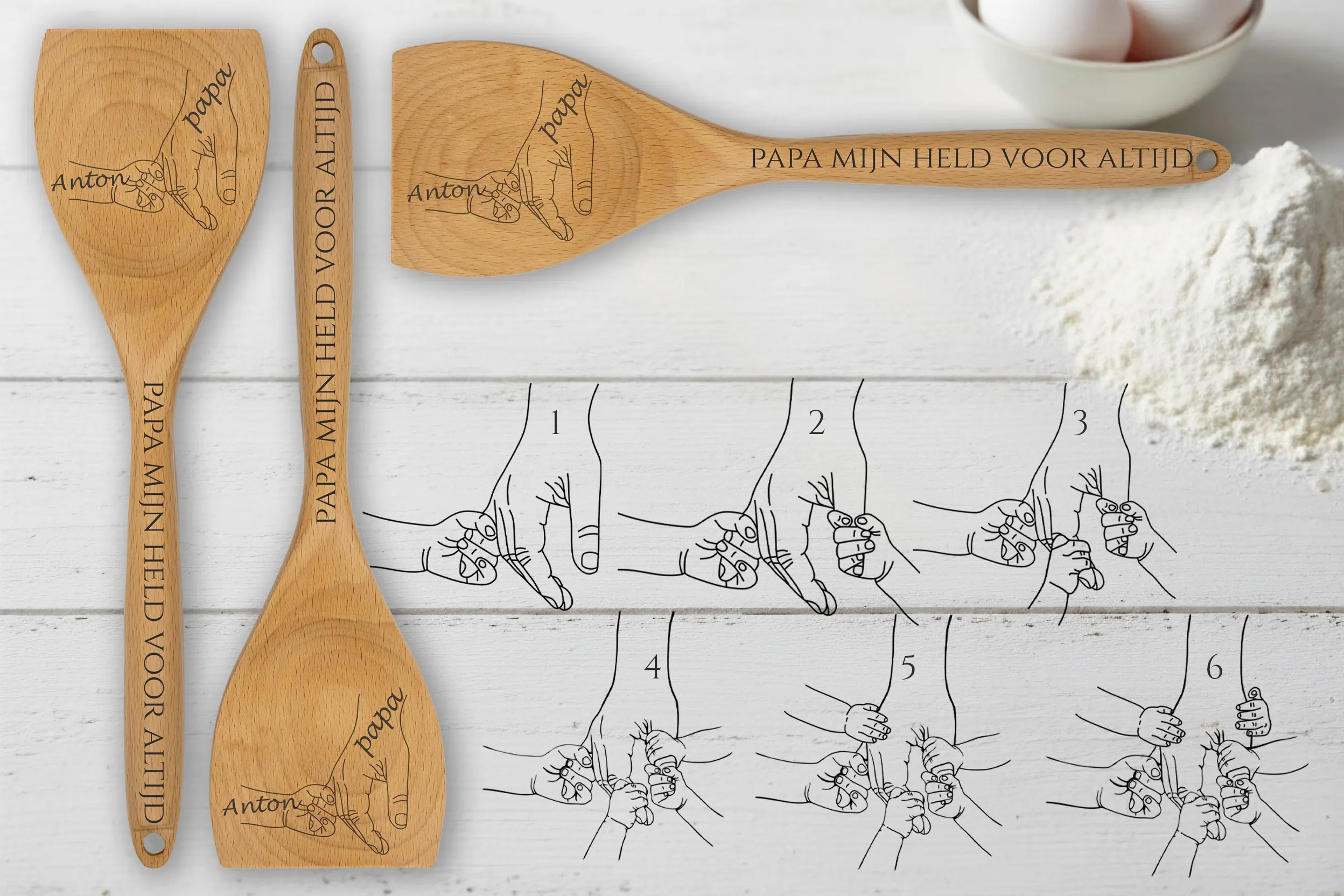 Houten opschep- en roerlepel met de namen van de kinderen voor papa
