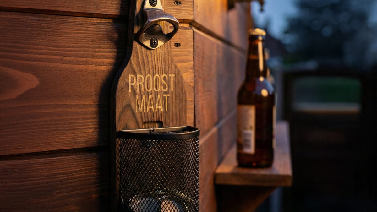 Houten wandbieropener met dopjesmandje op veranda tijdens zomer en BBQ-seizoen