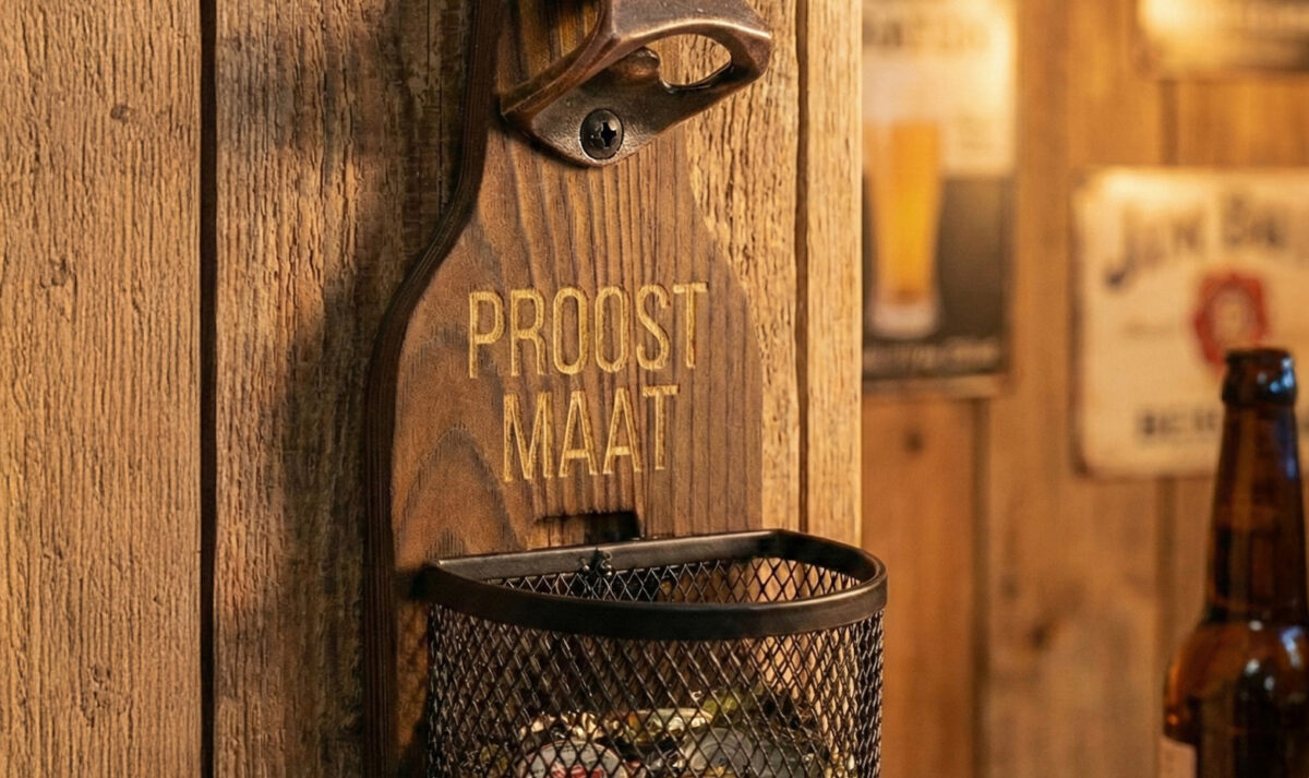 Houten wandbieropener met afneembaar metalen dopjesmandje, 25 × 8 cm