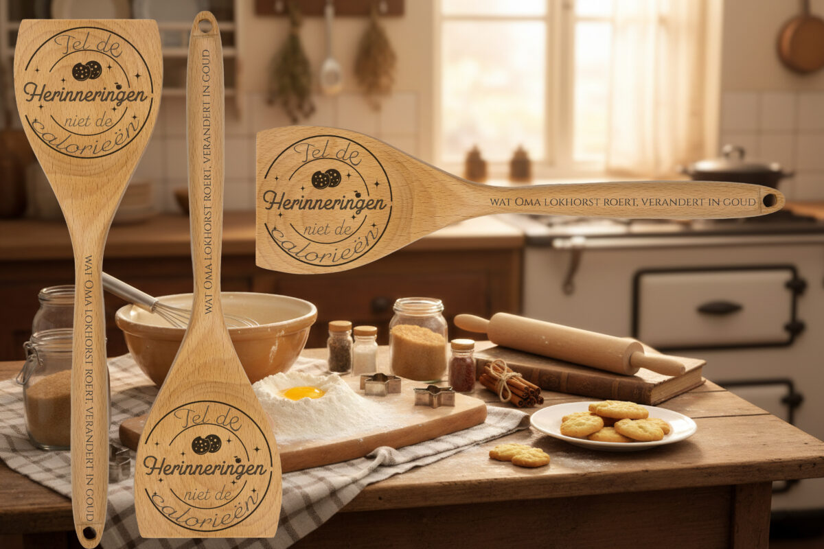 Houten opschep- en roerlepel met eigen tekst of naam. Ambachtelijk gegraveerd. Uniek cadeau voor mama, papa of oma.