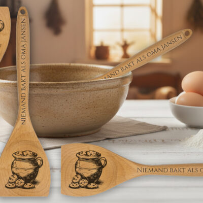 Houten opschep- en roerlepel met eigen tekst of naam. Ambachtelijk gegraveerd. Uniek cadeau voor mama, papa of oma.