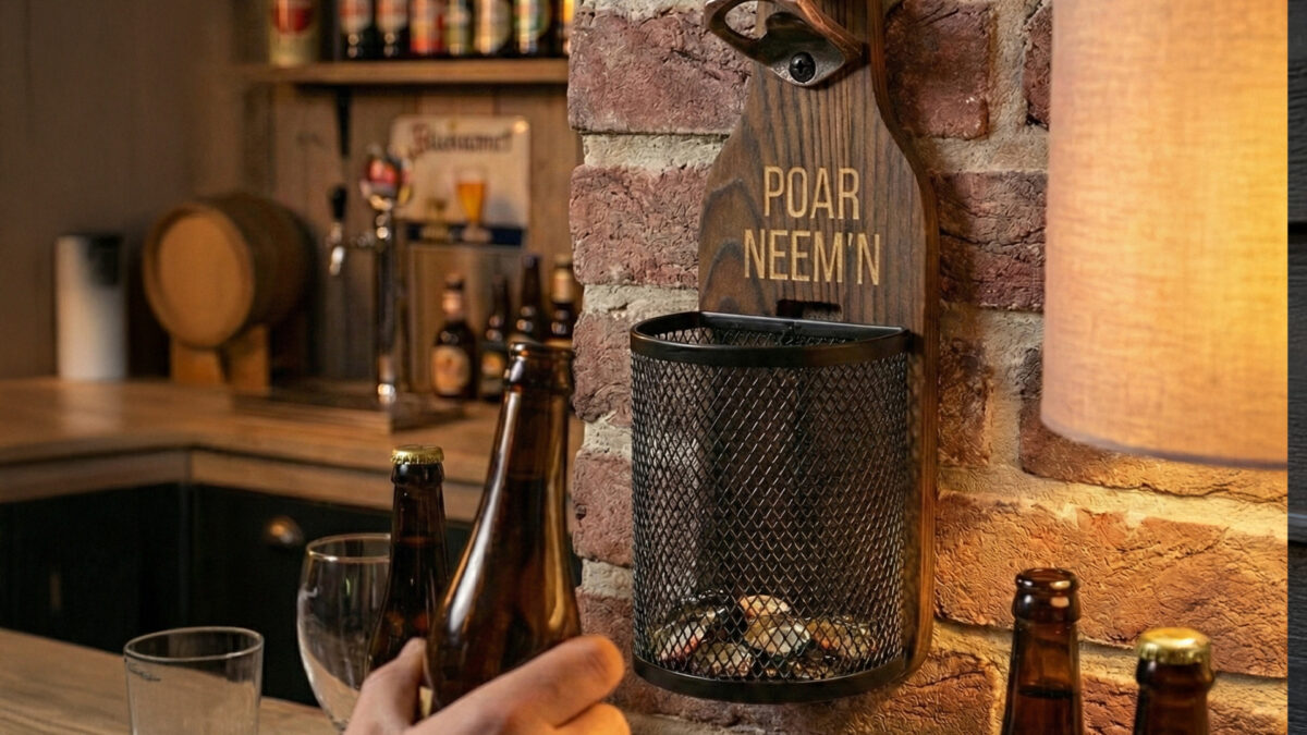 Afneembaar metalen dopjesmandje gevuld met bierdopjes bij houten wandbieropener