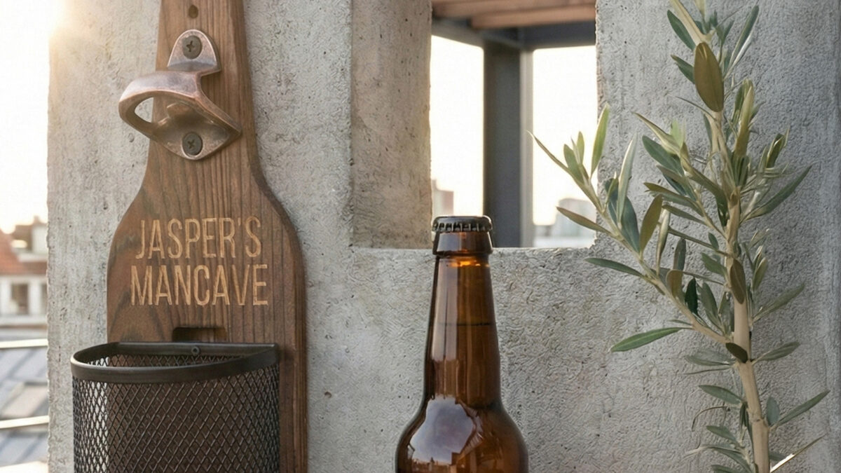 Afneembaar metalen dopjesmandje gevuld met bierdopjes bij houten wandbieropener