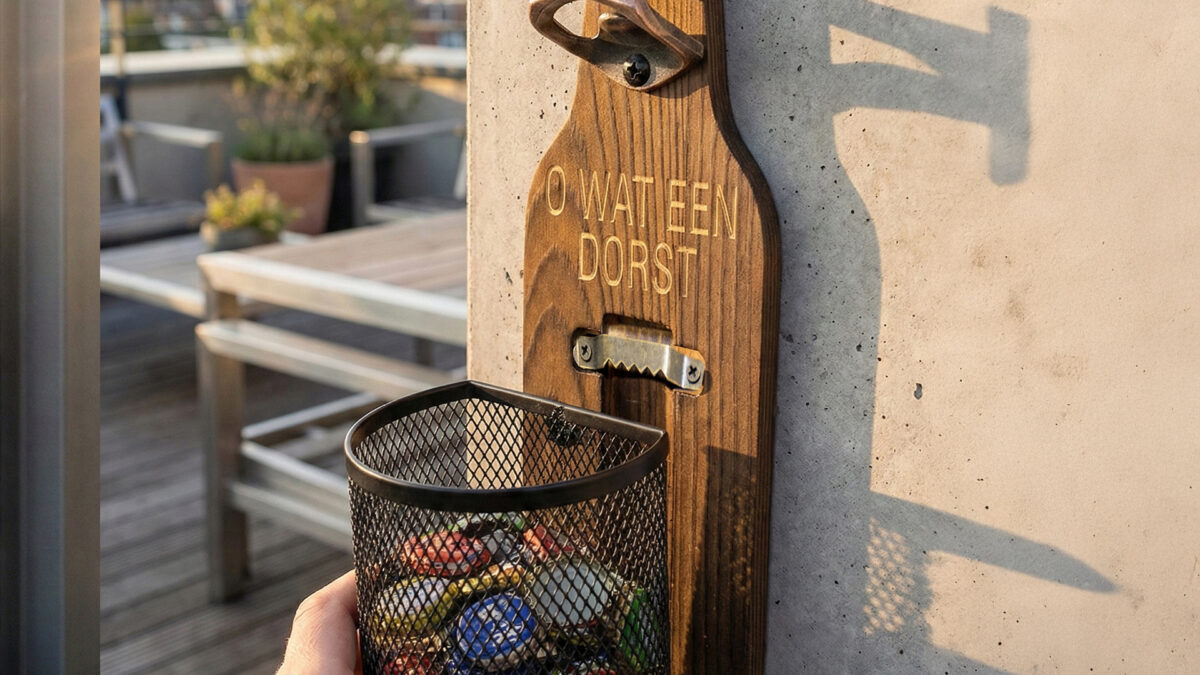 Afneembaar metalen dopjesmandje gevuld met bierdopjes bij houten wandbieropener
