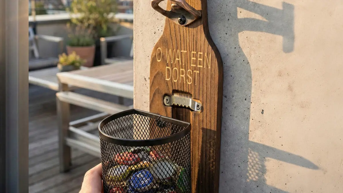 Houten Wandbieropener met Dopjesmandje Afneembaar metalen dopjesmandje gevuld met bierdopjes bij houten wandbieropener