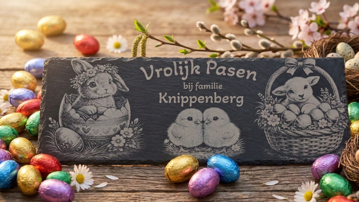 Rechthoekige leisteen met gravure van konijn, kuikens en lammetje omringd door kleurrijke paaseitjes op een houten tafel.