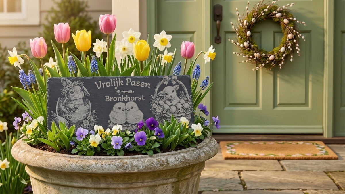 Close-up van een leisteen met de tekst Vrolijk Pasen bij familie Bronkhorst, gedetailleerd gegraveerd met voorjaarsbloemen op de achtergrond.