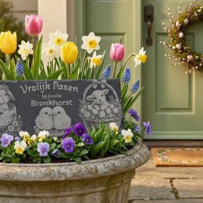 Close-up van een leisteen met de tekst Vrolijk Pasen bij familie Bronkhorst, gedetailleerd gegraveerd met voorjaarsbloemen op de achtergrond.