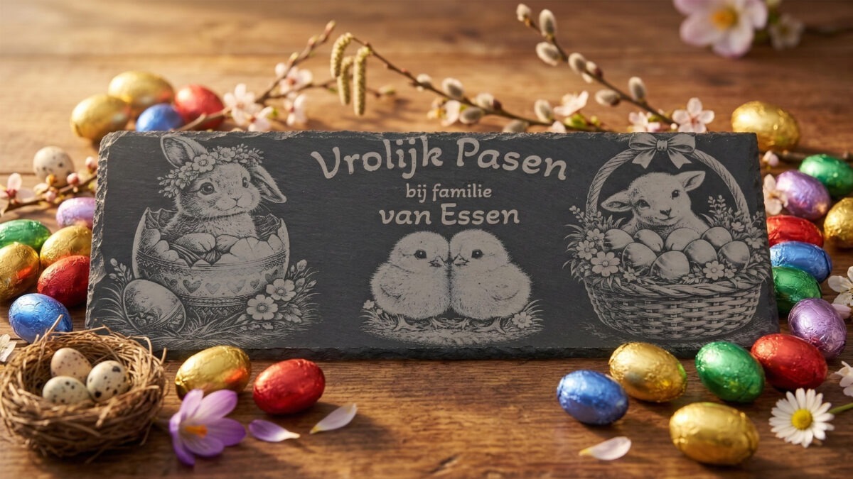 Rechthoekige leisteen met gravure van konijn, kuikens en lammetje omringd door kleurrijke paaseitjes op een houten tafel.