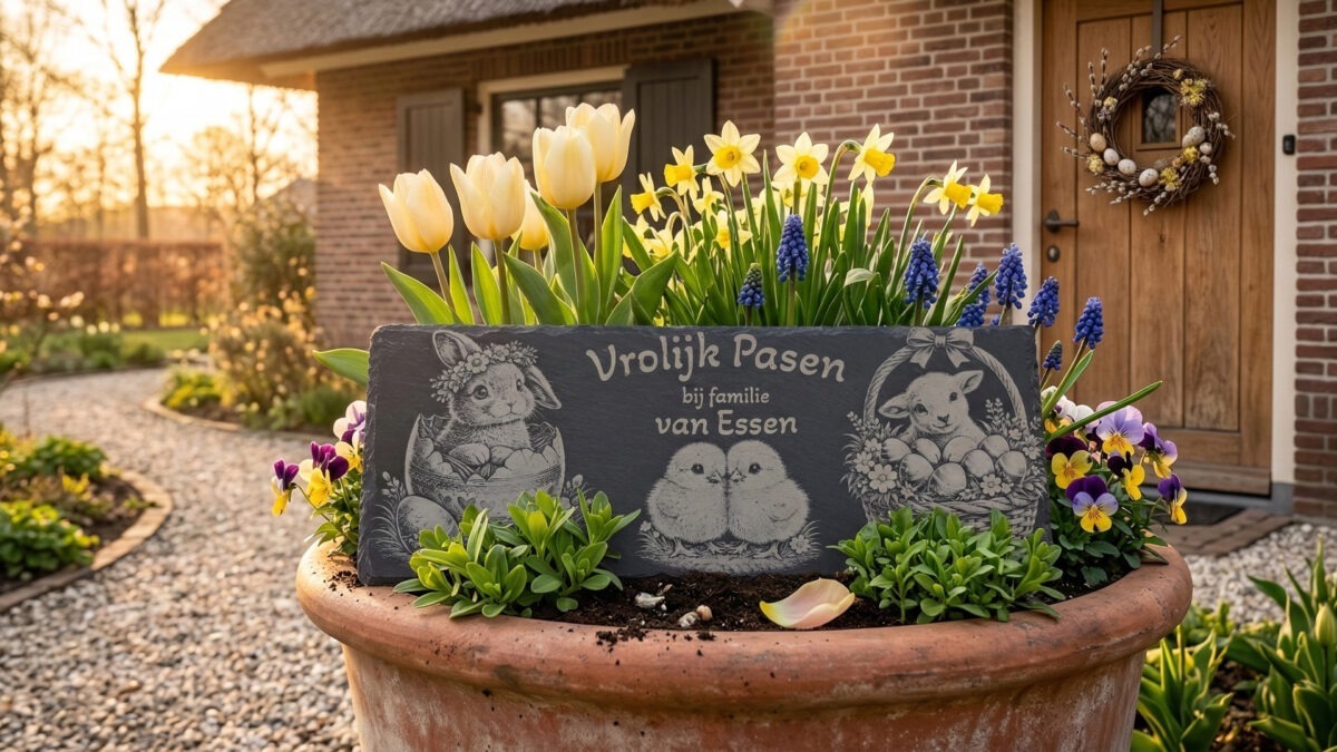 Een gegraveerde paasleisteen rechtop in een stenen bloempot met tulpen en narcissen voor de houten voordeur van een landhuis.
