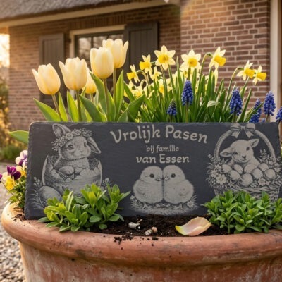 Een gegraveerde paasleisteen rechtop in een stenen bloempot met tulpen en narcissen voor de houten voordeur van een landhuis.
