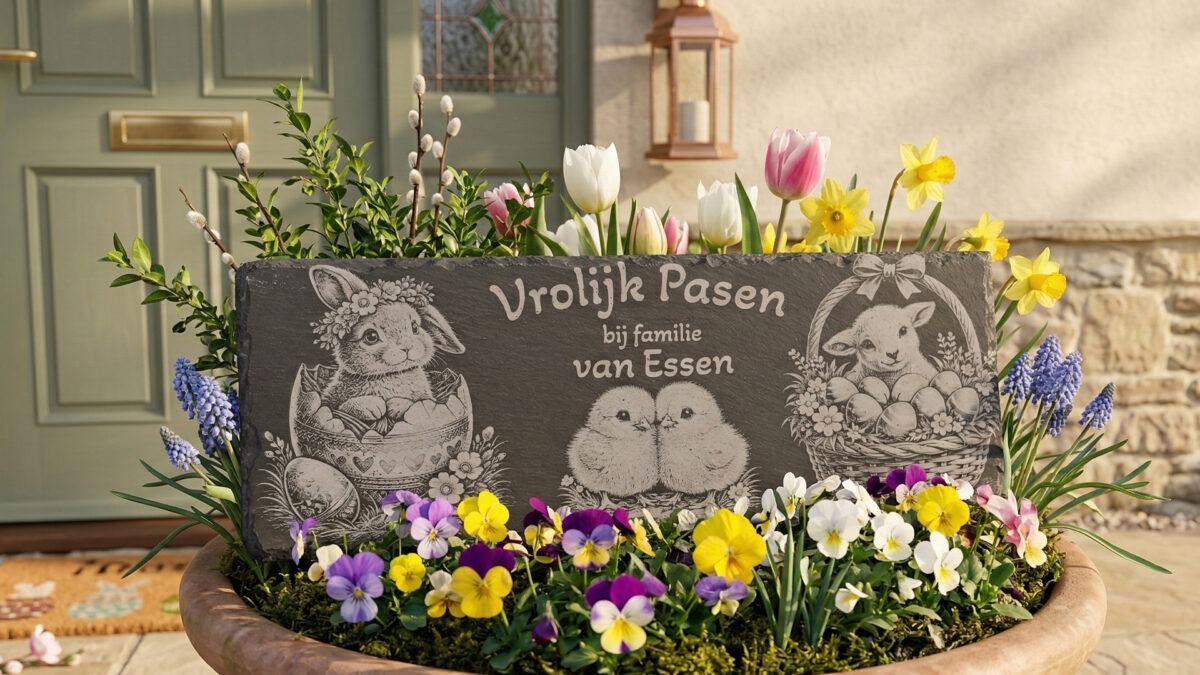 Luxe leisteen van 30x10 cm met paasafbeeldingen, decoratief geplaatst tussen blauwe druifjes en viooltjes.