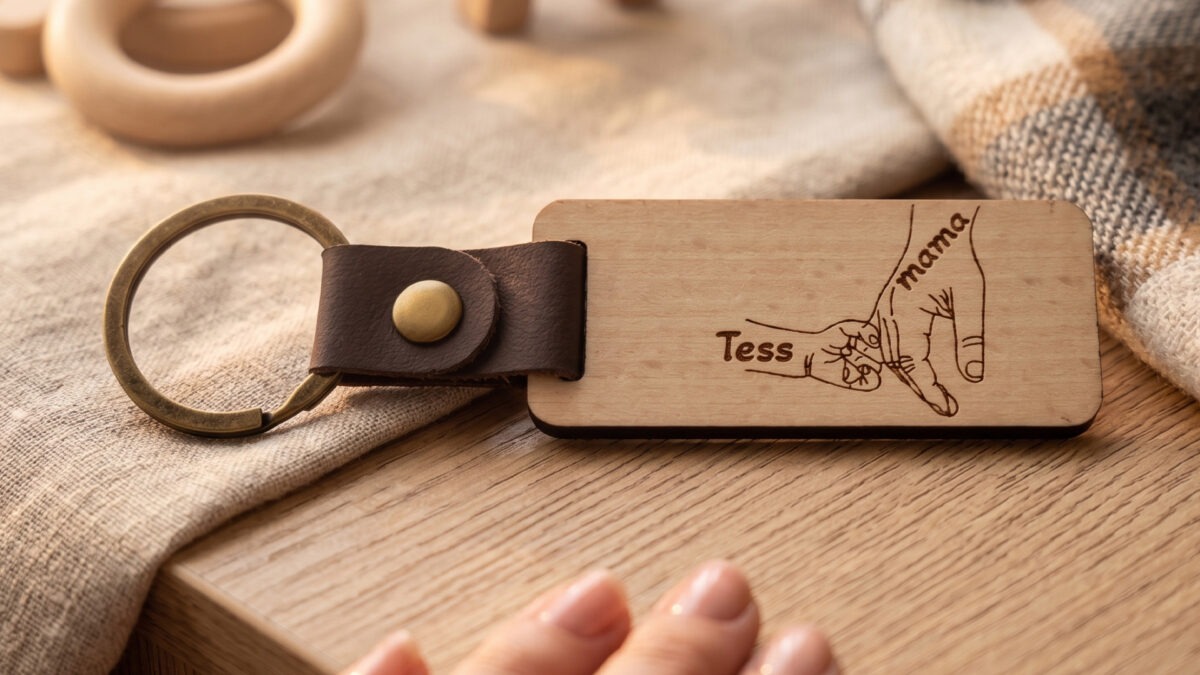 Houten sleutelhanger voor moederdag met moederhand en kinderhandjes met namen gegraveerd