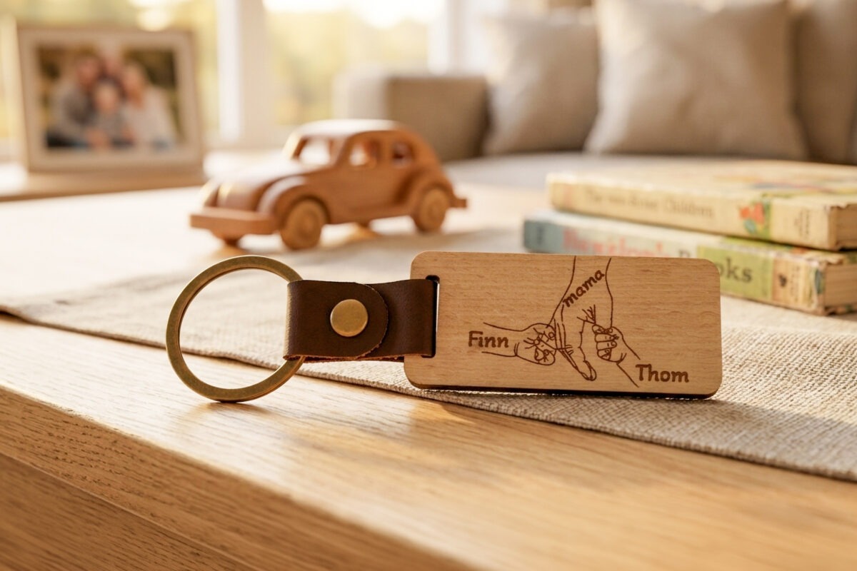Houten sleutelhanger voor moederdag met moederhand en kinderhandjes met namen gegraveerd