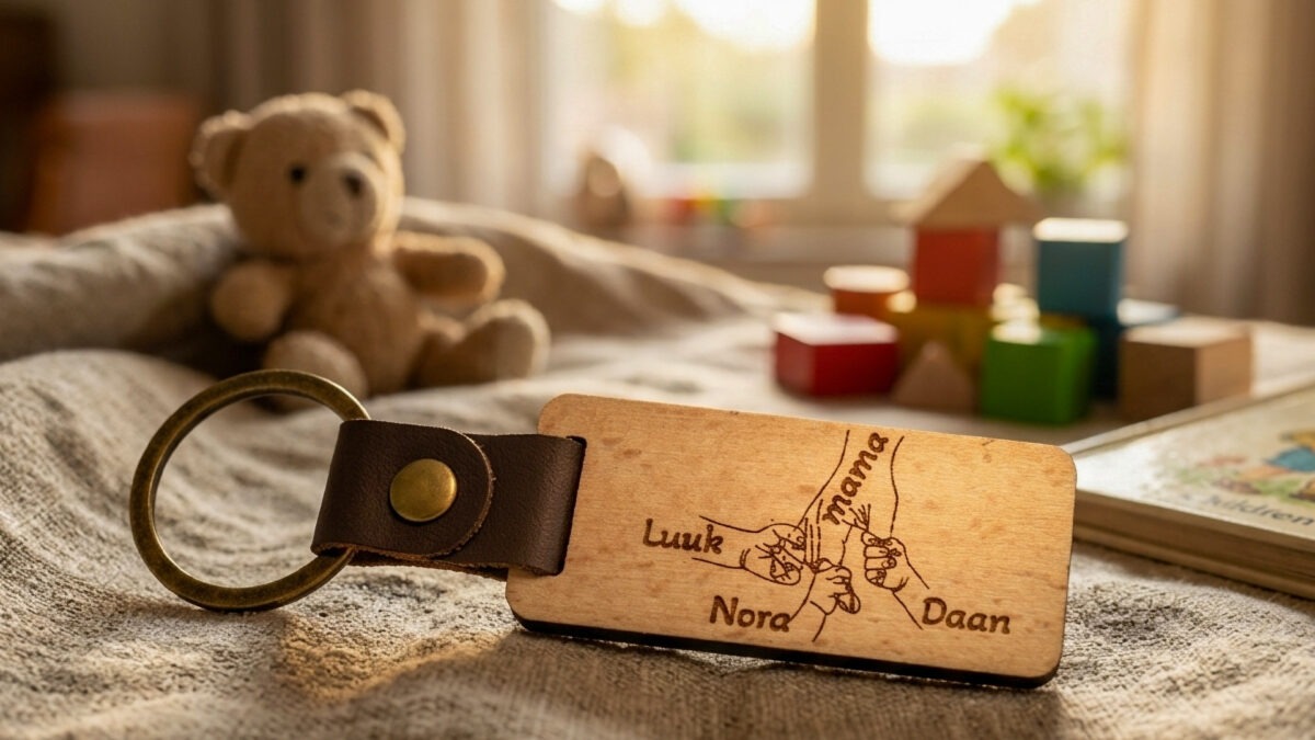 Houten sleutelhanger voor moederdag met moederhand en kinderhandjes met namen gegraveerd