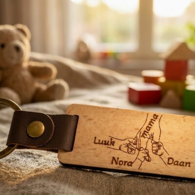 Houten sleutelhanger voor moederdag met moederhand en kinderhandjes met namen gegraveerd