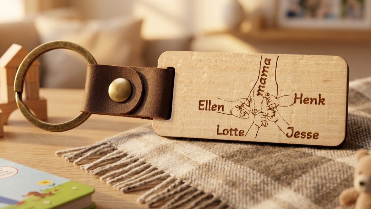 Houten sleutelhanger voor moederdag met moederhand en kinderhandjes met namen gegraveerd