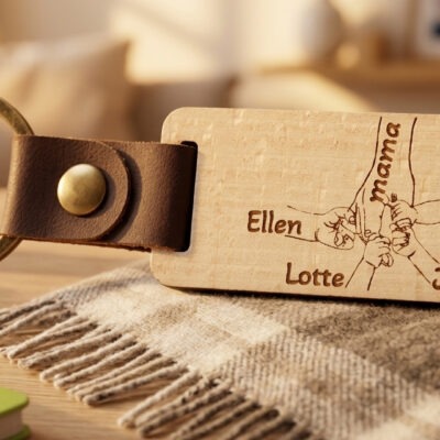 Houten sleutelhanger voor moederdag met moederhand en kinderhandjes met namen gegraveerd