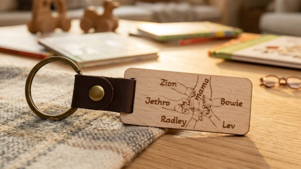 Houten sleutelhanger voor moederdag met moederhand en kinderhandjes met namen gegraveerd