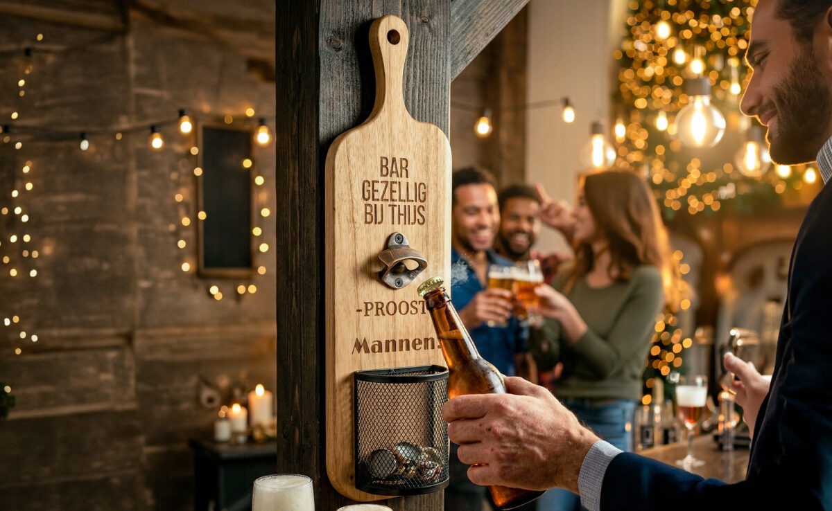 Elite wand bieropener van Acaciahout en opvangmandje. Gravure naar wens