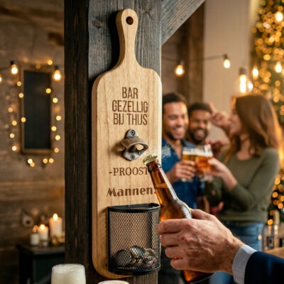 Elite wand bieropener van Acaciahout en opvangmandje. Gravure naar wens