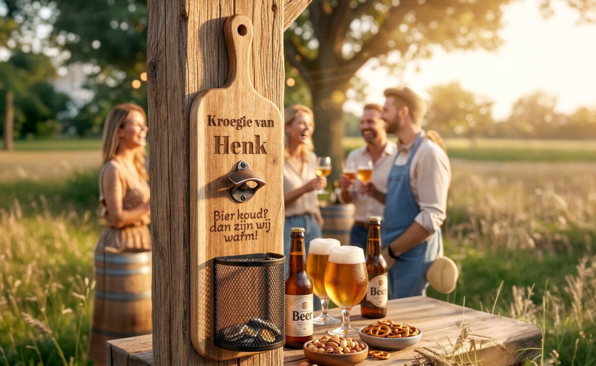 Elite wand bieropener van Acaciahout en opvangmandje. Gravure naar wens