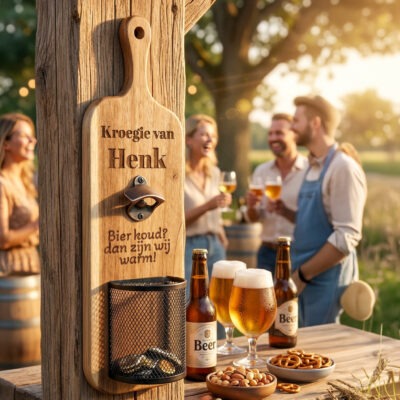 Elite wand bieropener van Acaciahout en opvangmandje. Gravure naar wens
