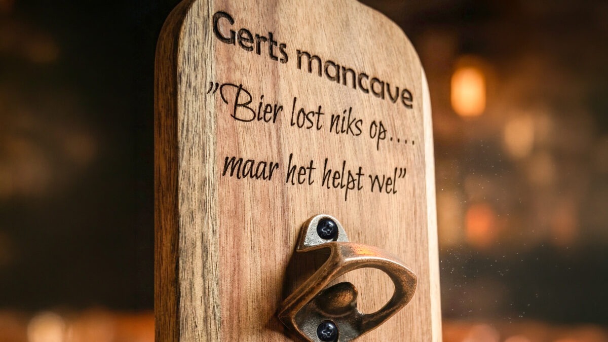 Elite wand bieropener van Acaciahout en opvangmandje. Met gratis gravering