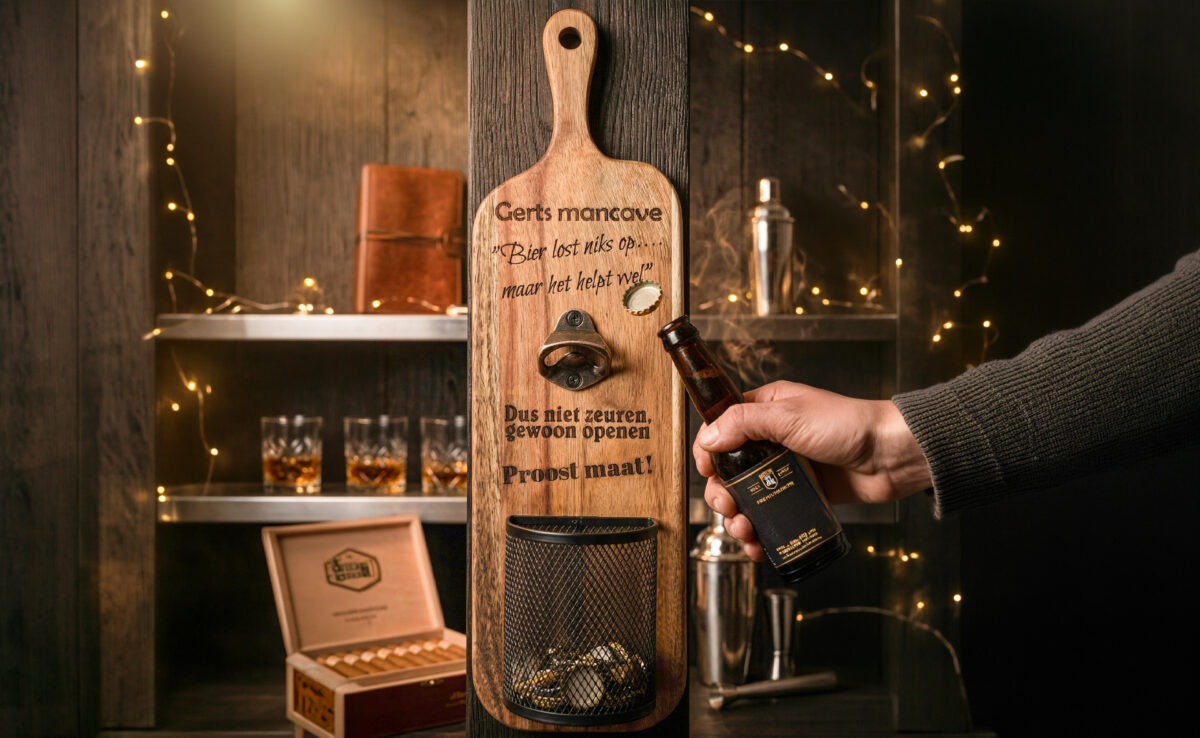 Elite wand bieropener van Acaciahout en opvangmandje van de Meesterbrander. Met gratis gravering