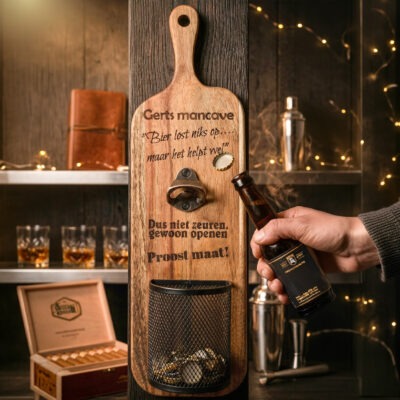 Elite wand bieropener van Acaciahout en opvangmandje van de Meesterbrander. Met gratis gravering