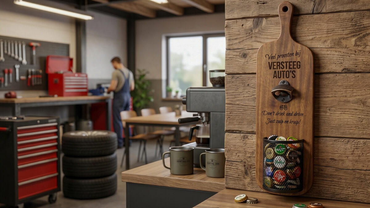 Elite wand bieropener van Acaciahout en opvangmandje. Met gratis gravering