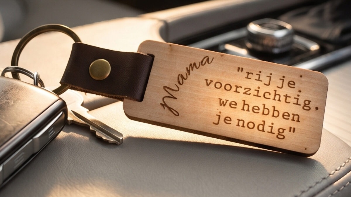 Houten sleutelhanger moederdag met tekst RIJ VOORZICHTIG en leren riempje