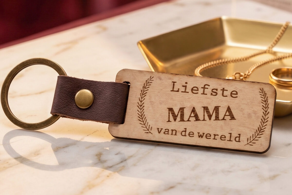 Houten sleutelhanger moederdag met tekst LIEFSTE MAMA VAN DE WERELD en leren riempje
