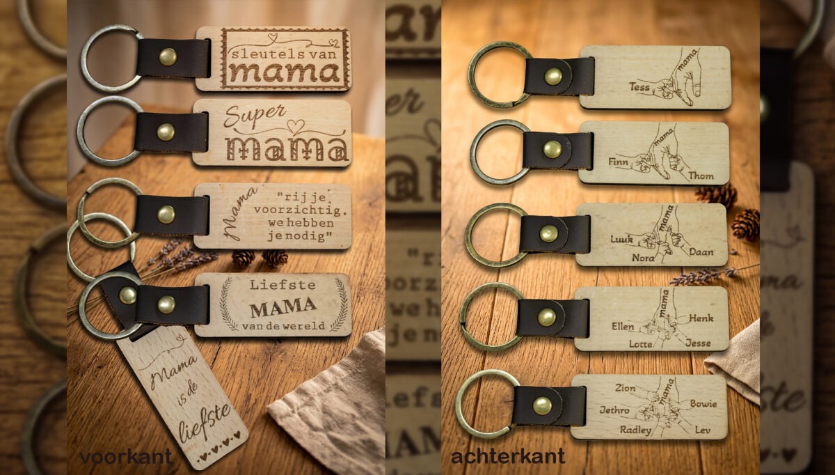 Houten sleutelhanger met kindernamen voor mama - De Meesterbrander