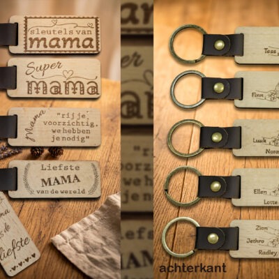 Houten sleutelhanger met kindernamen voor mama - De Meesterbrander