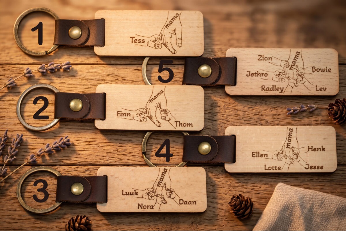 Houten sleutelhanger voor moederdag met moederhand en kinderhandjes met namen gegraveerd